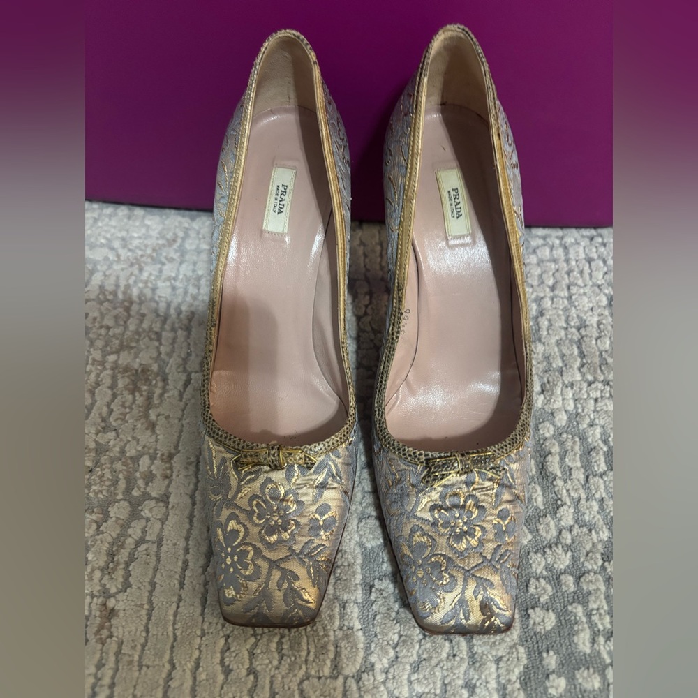 Prada Gold Floral Square Toe Heels